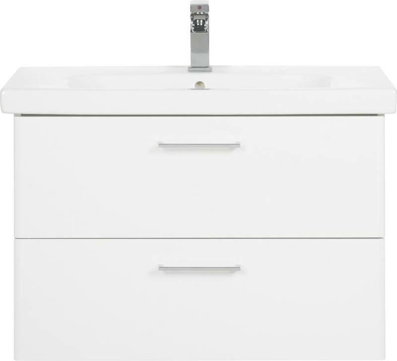 Frontale Ansicht eines modernen weißen Waschtischs mit zwei Schubladen und einem Wasserhahn.