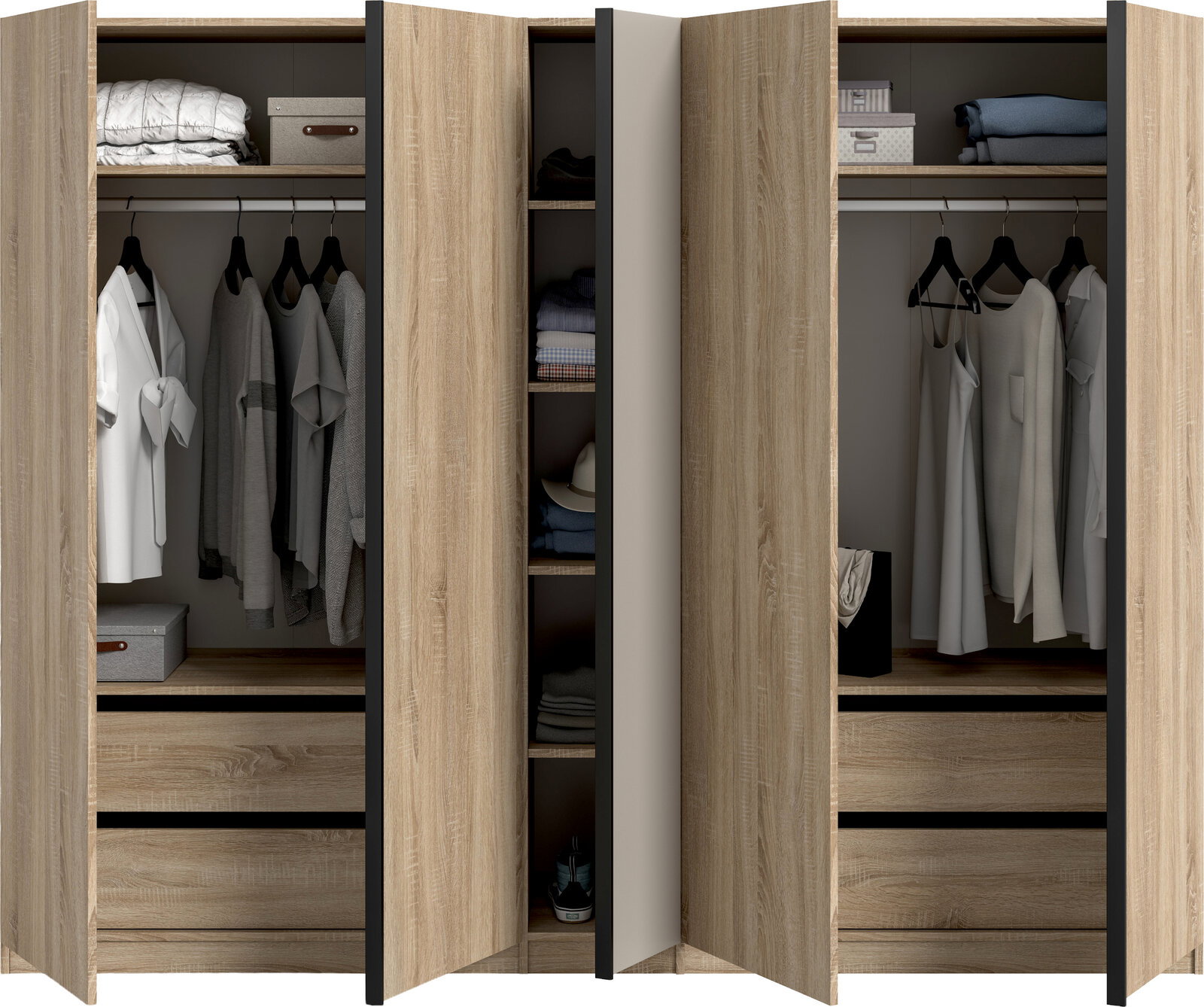 Geöffneter Kleiderschrank in heller Holzoptik mit drei Bereichen, Kleiderstangen, Regalböden und Schubladen, mit Kleidung und Aufbewahrungsboxen, Frontansicht leicht schräg von vorn