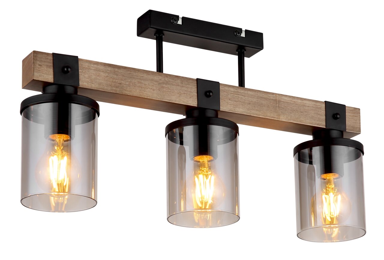 Moderne Deckenleuchte mit drei klaren Glaszylindern und Holzdetails, seitliche Perspektive