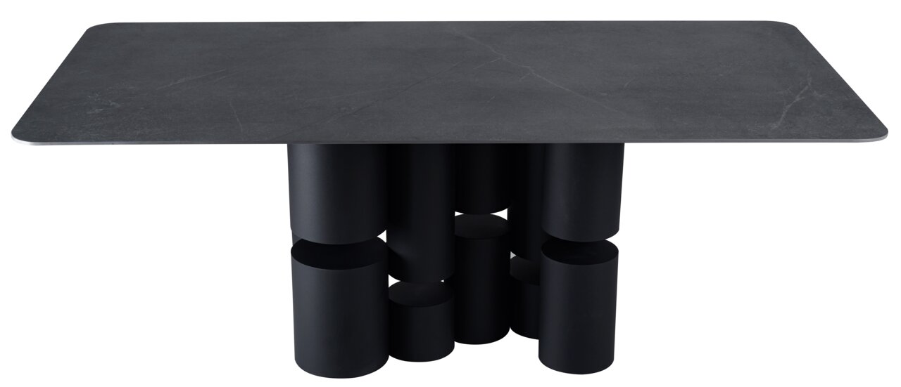 Moderner Esstisch mit rechteckiger, dunkler Tischplatte und einzigartigem zylindrischem Untergestell, Frontalansicht.