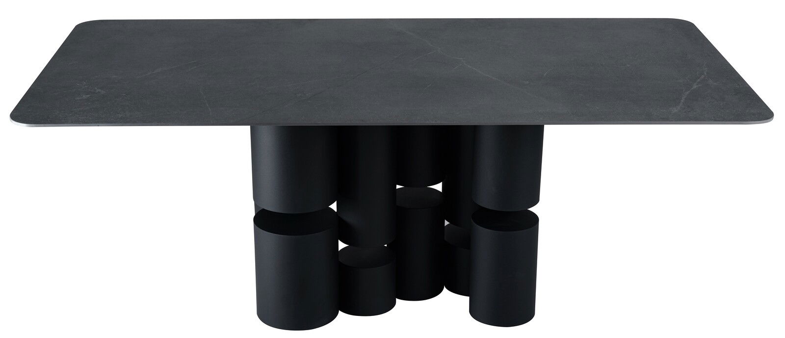 Moderner Esstisch mit rechteckiger, dunkler Tischplatte und einzigartigem zylindrischem Untergestell, Frontalansicht.