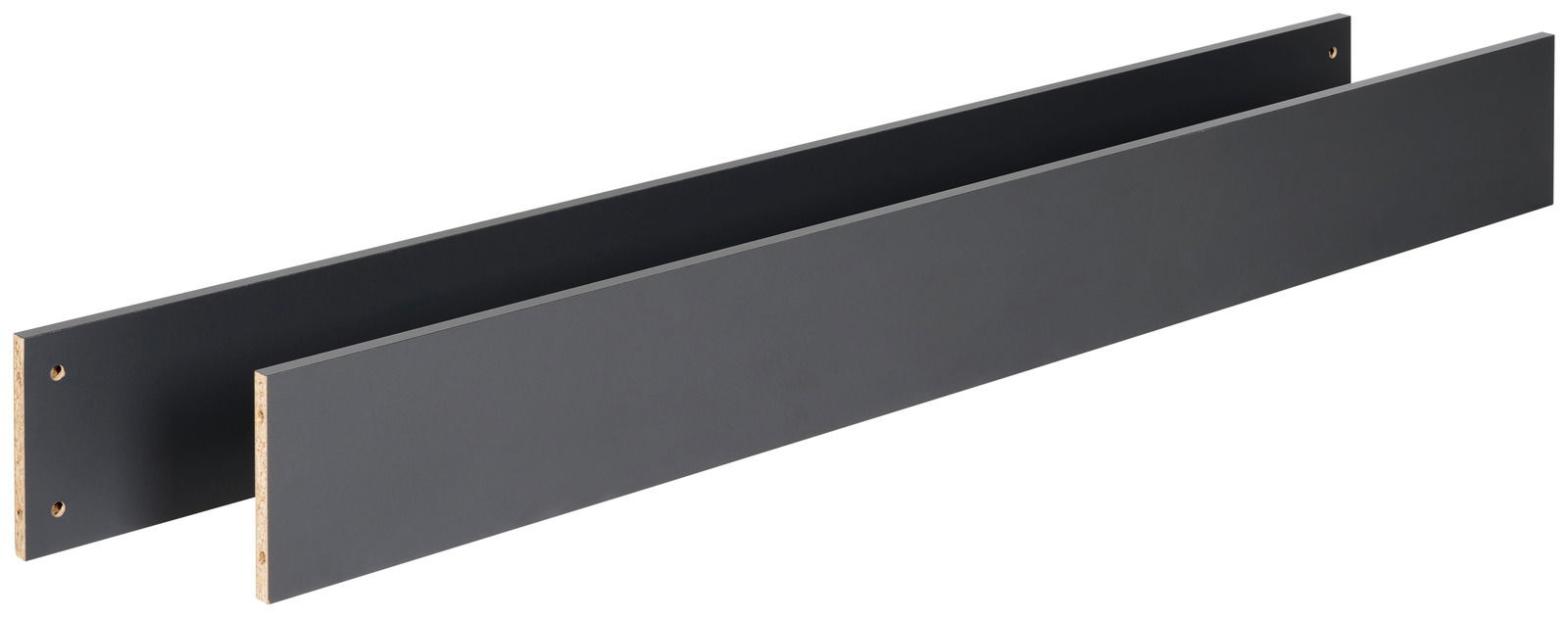 MyBaby Umbauseiten MILAN Zwei schwarze Umbauseiten aus Holzwerkstoff, perspektivisch von der Seite fotografiert.