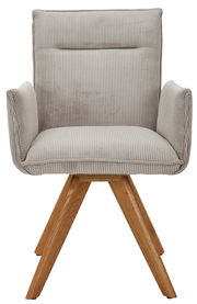 Grauer Armlehnstuhl mit Holzbeinen, Vorderansicht