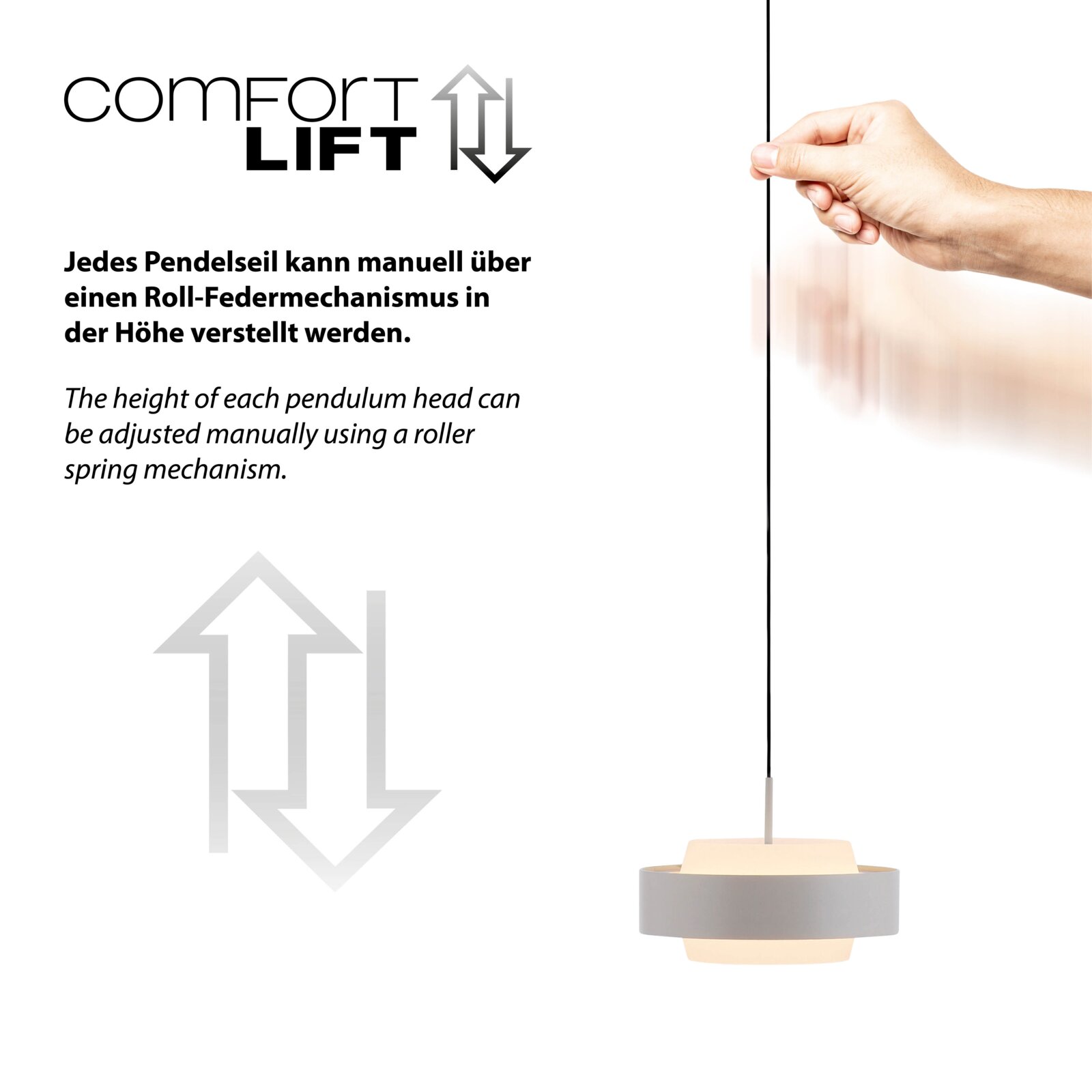 Afbeelding van de hoogteverstelling „comfort LIFT“: een hand trekt aan de ophangkabel van een moderne grijze hanglamp; product in zijaanzicht tegen een witte achtergrond