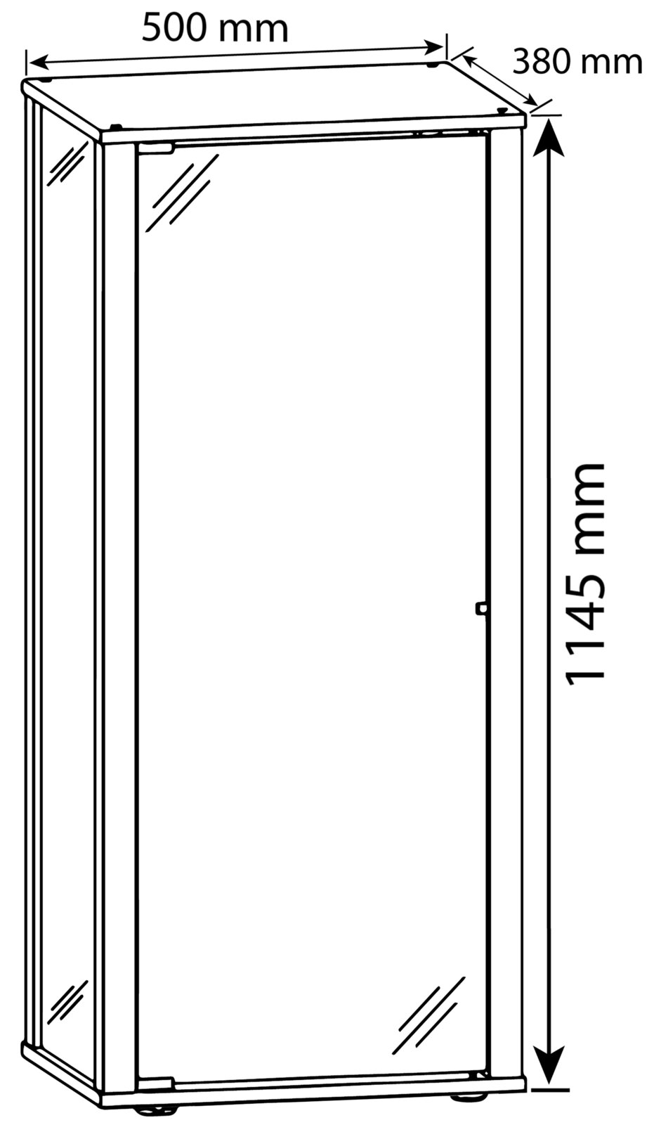 Technische Strichzeichnung eines schmalen Vitrinenschranks mit Glastür, Maße 500 x 380 x 1145 mm, in schräger Frontansicht (3/4-Perspektive)