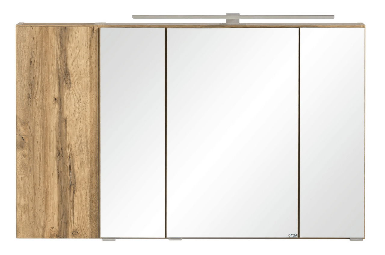 Spiegelschrank mit drei Türen und Holzoptik von vorne betrachtet