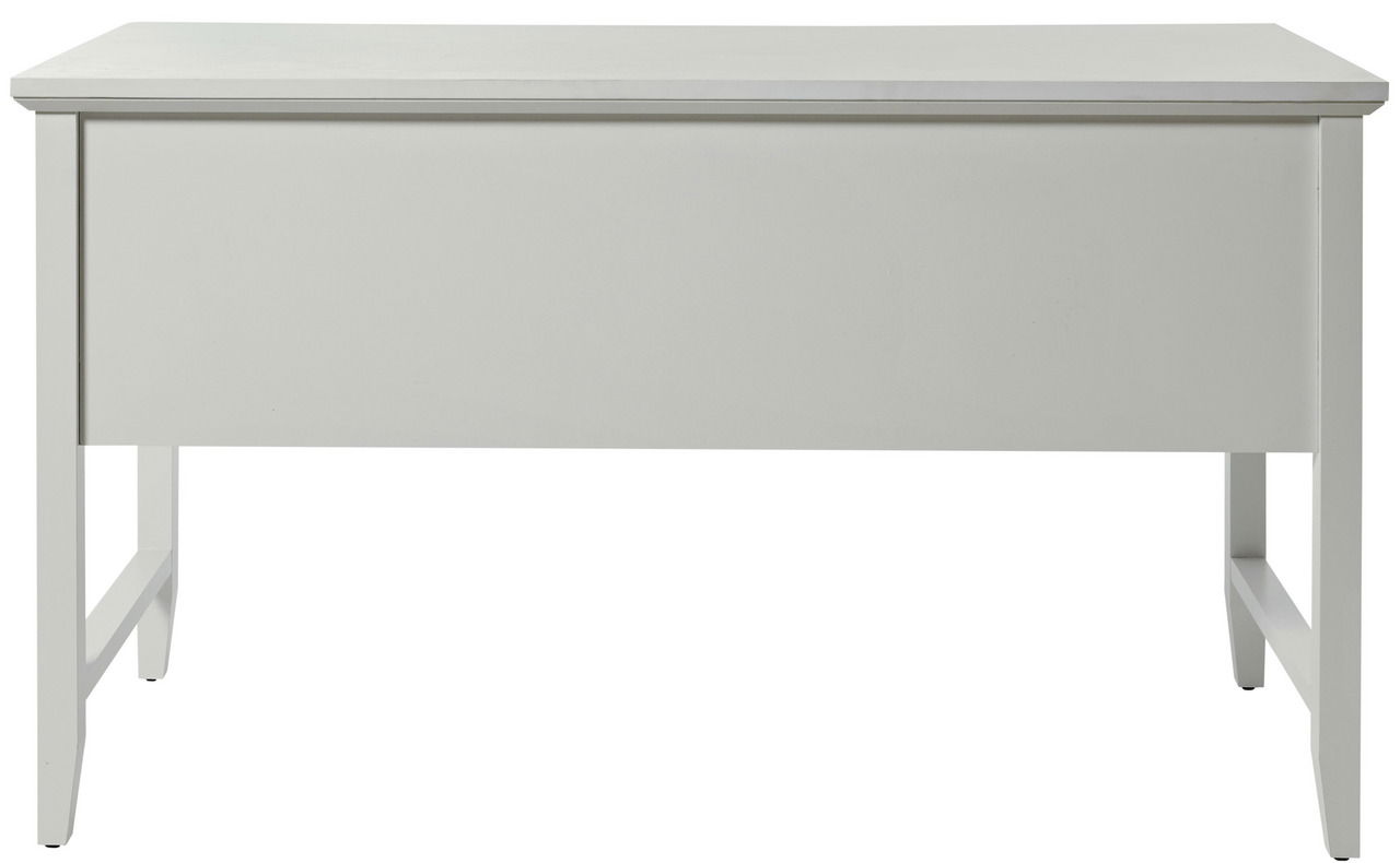 Weißer Schreibtisch aus der Vorderansicht mit schlichtem Design und geraden Linien.