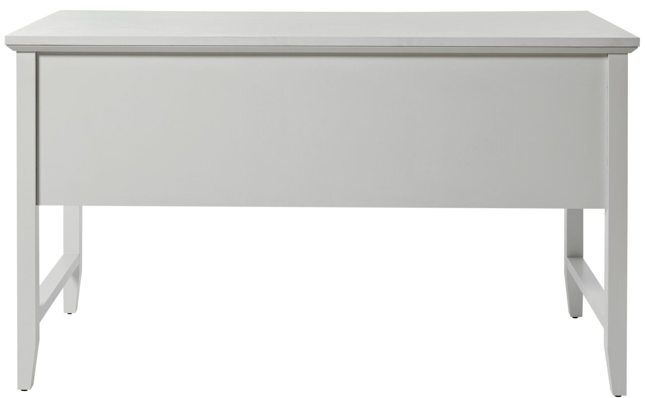 Weißer Schreibtisch aus der Vorderansicht mit schlichtem Design und geraden Linien.