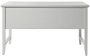 Weißer Schreibtisch aus der Vorderansicht mit schlichtem Design und geraden Linien.
