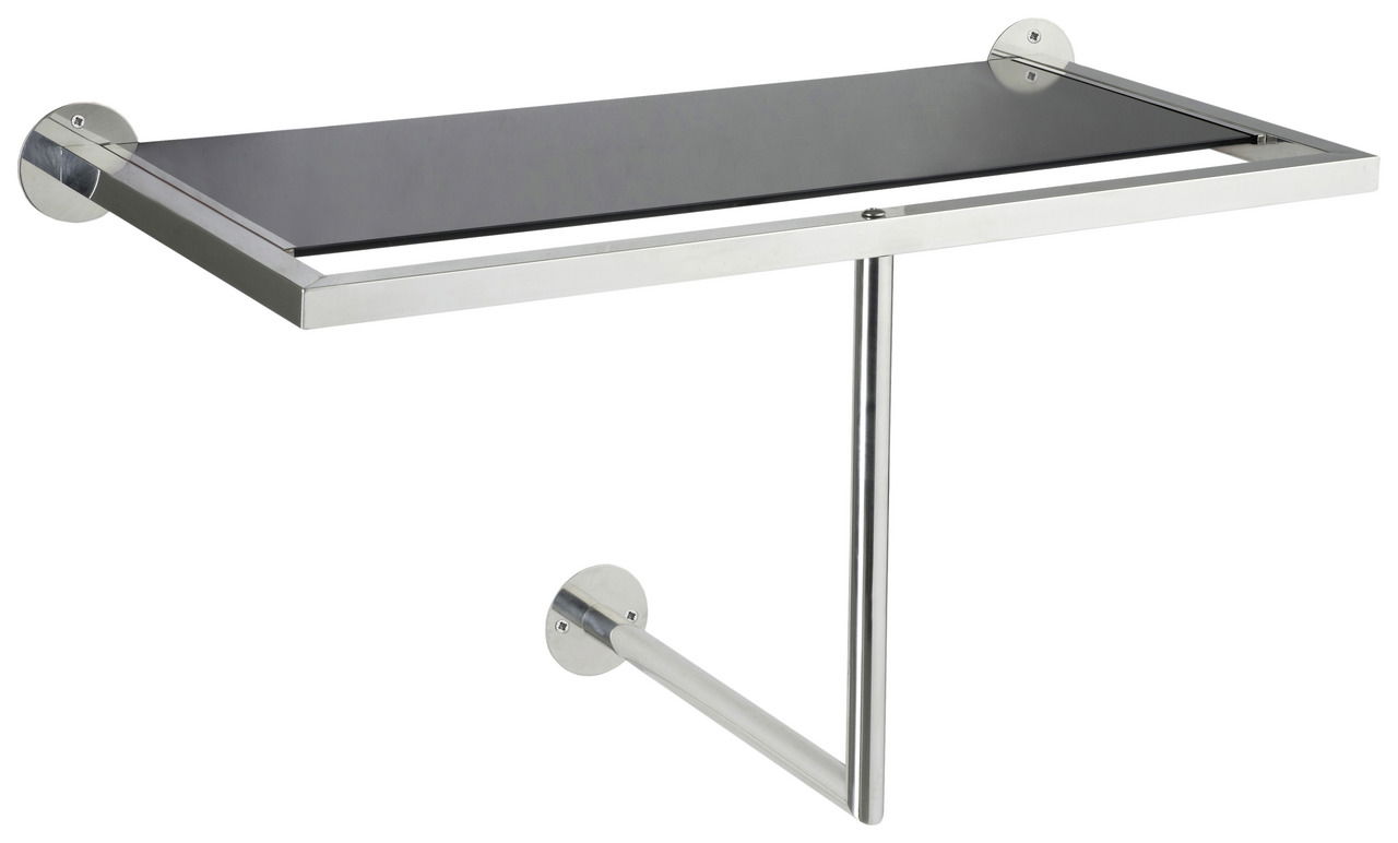 Moderne Wandgarderobe aus Metall mit schwarzer Ablagefläche, seitliche Perspektive