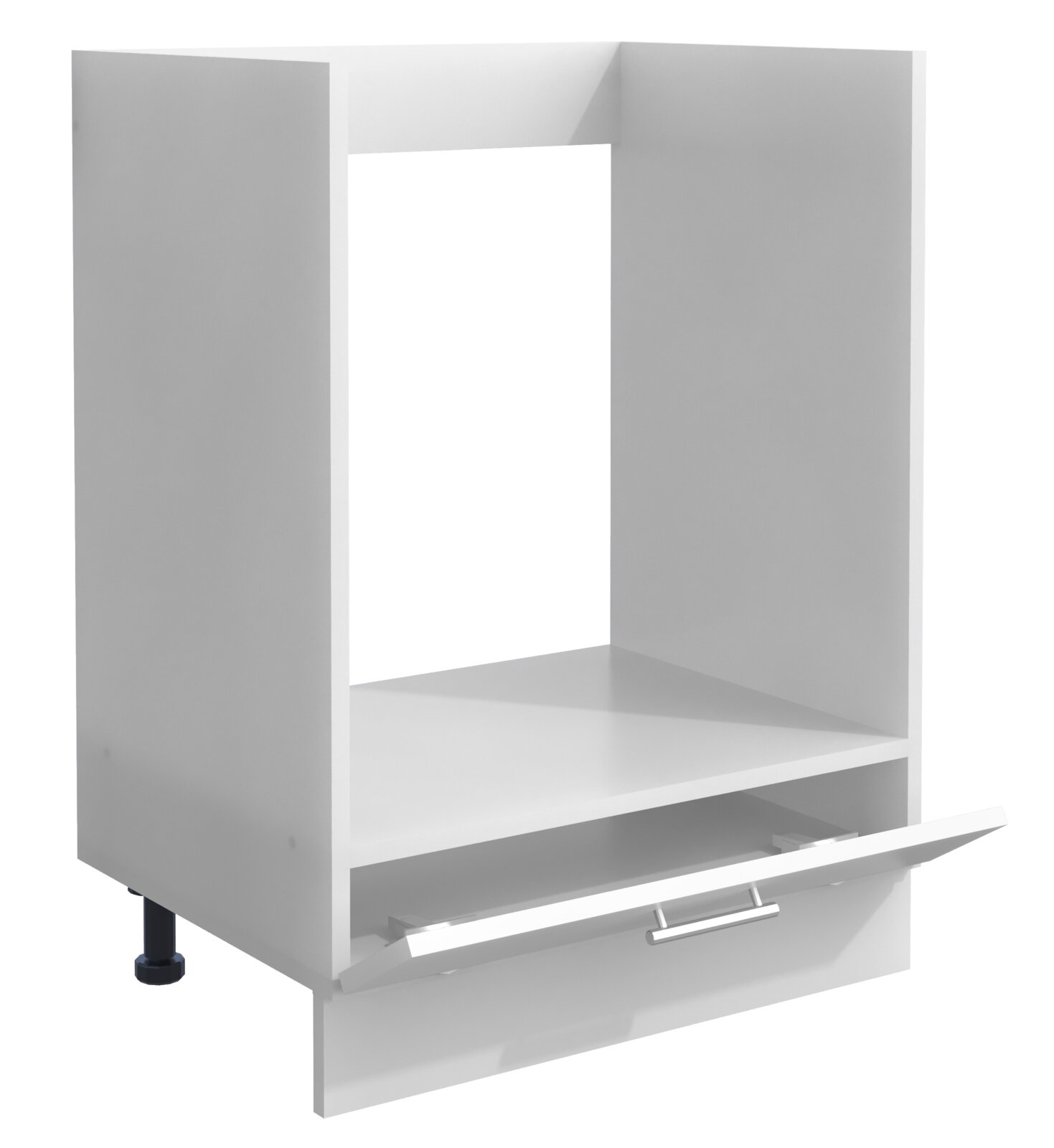 Weißer Küchen-Unterschrank mit offenem Fach und nach unten aufgeklappter Klappe mit Metallgriff, dargestellt in schräger Vorderansicht (leicht von links)