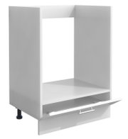 Weißer Küchen-Unterschrank mit offenem Fach und nach unten aufgeklappter Klappe mit Metallgriff, dargestellt in schräger Vorderansicht (leicht von links)
