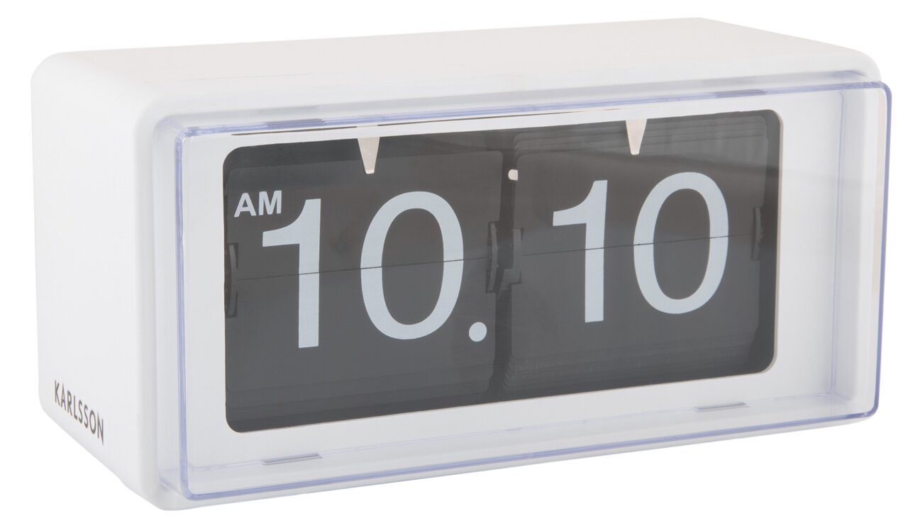 Retro Flip-Uhr von KARLSSON in Weiß, zeigt die Zeit 10:10 AM an, seitliche Perspektive