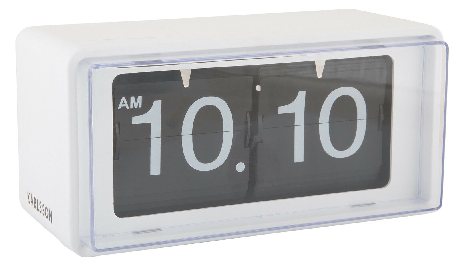 Retro Flip-Uhr von KARLSSON in Weiß, zeigt die Zeit 10:10 AM an, seitliche Perspektive