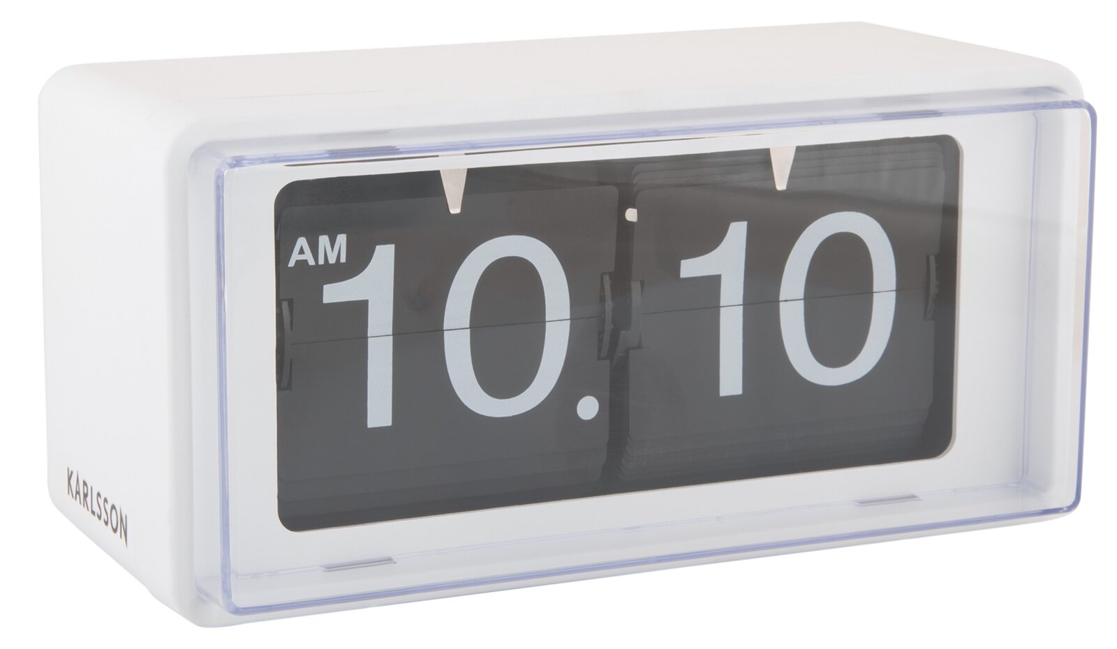 Retro Flip-Uhr von KARLSSON in Weiß, zeigt die Zeit 10:10 AM an, seitliche Perspektive