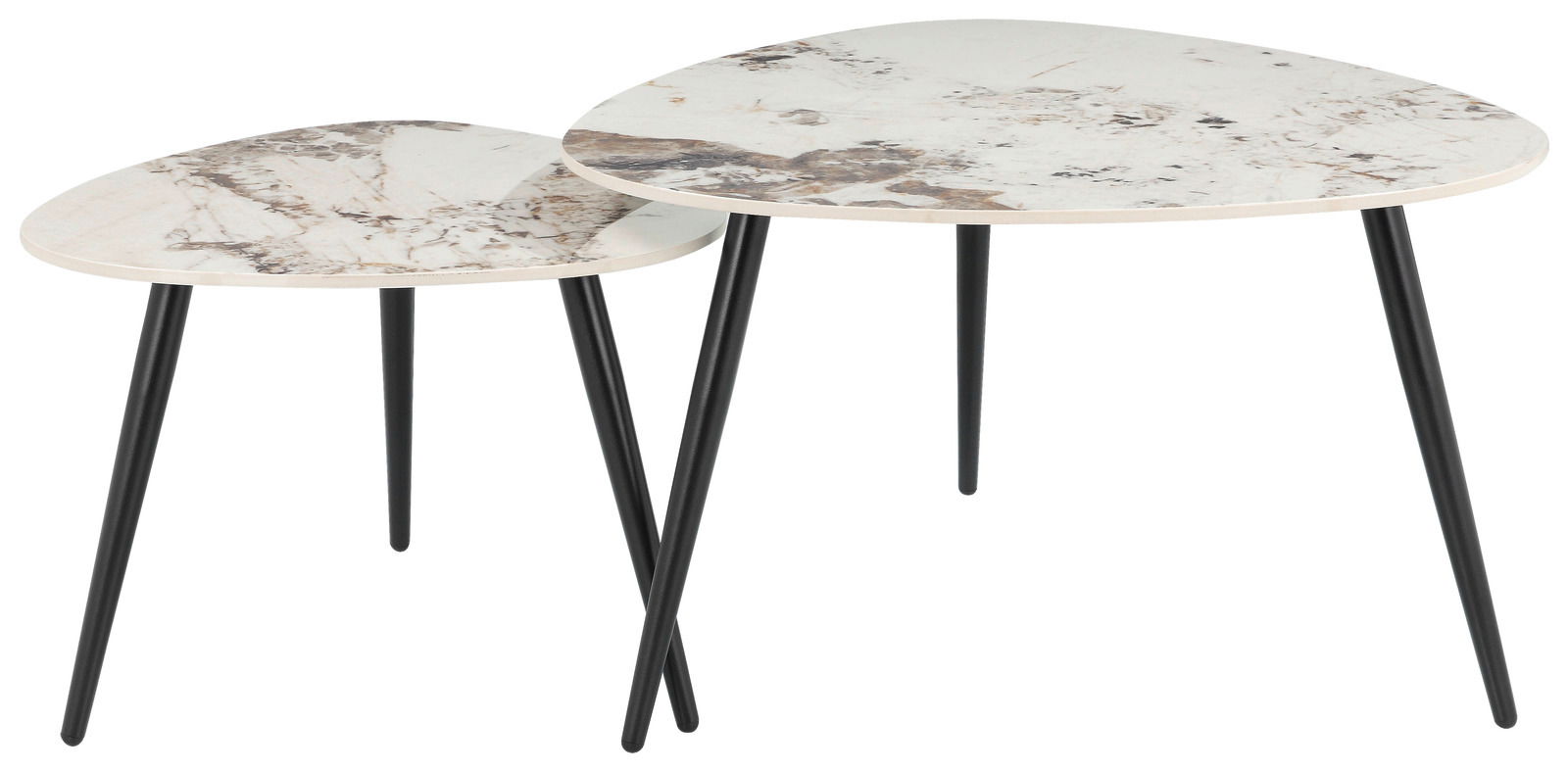 Zweier-Set von Couchtischen mit marmorierten Tischplatten und schwarzen Metallbeinen, seitliche Perspektive