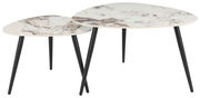 Zweier-Set von Couchtischen mit marmorierten Tischplatten und schwarzen Metallbeinen, seitliche Perspektive