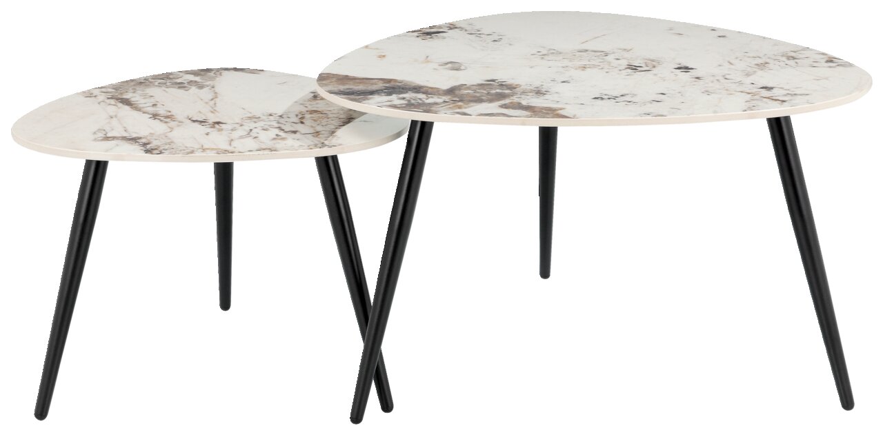 Zweier-Set von Couchtischen mit marmorierten Tischplatten und schwarzen Metallbeinen, seitliche Perspektive