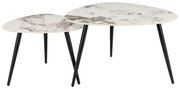 Zweier-Set von Couchtischen mit marmorierten Tischplatten und schwarzen Metallbeinen, seitliche Perspektive