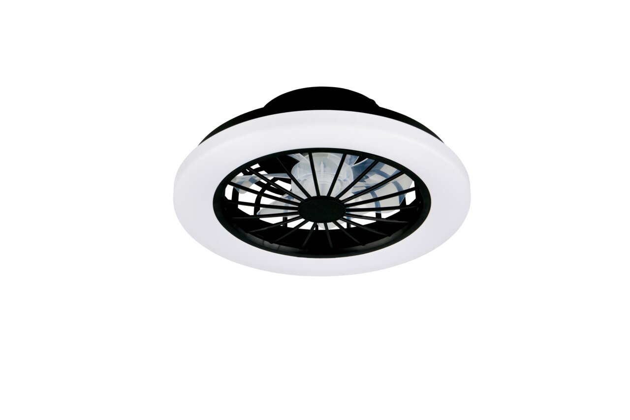 Runde Deckenleuchte mit integriertem Ventilator, weißer Licht-Ring und schwarzem Lüftergitter, Produktansicht von unten in leichter Untersicht vor weißem Hintergrund