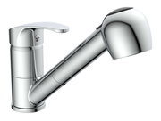 Moderne Spültischarmatur aus glänzendem Chrom, seitliche Ansicht