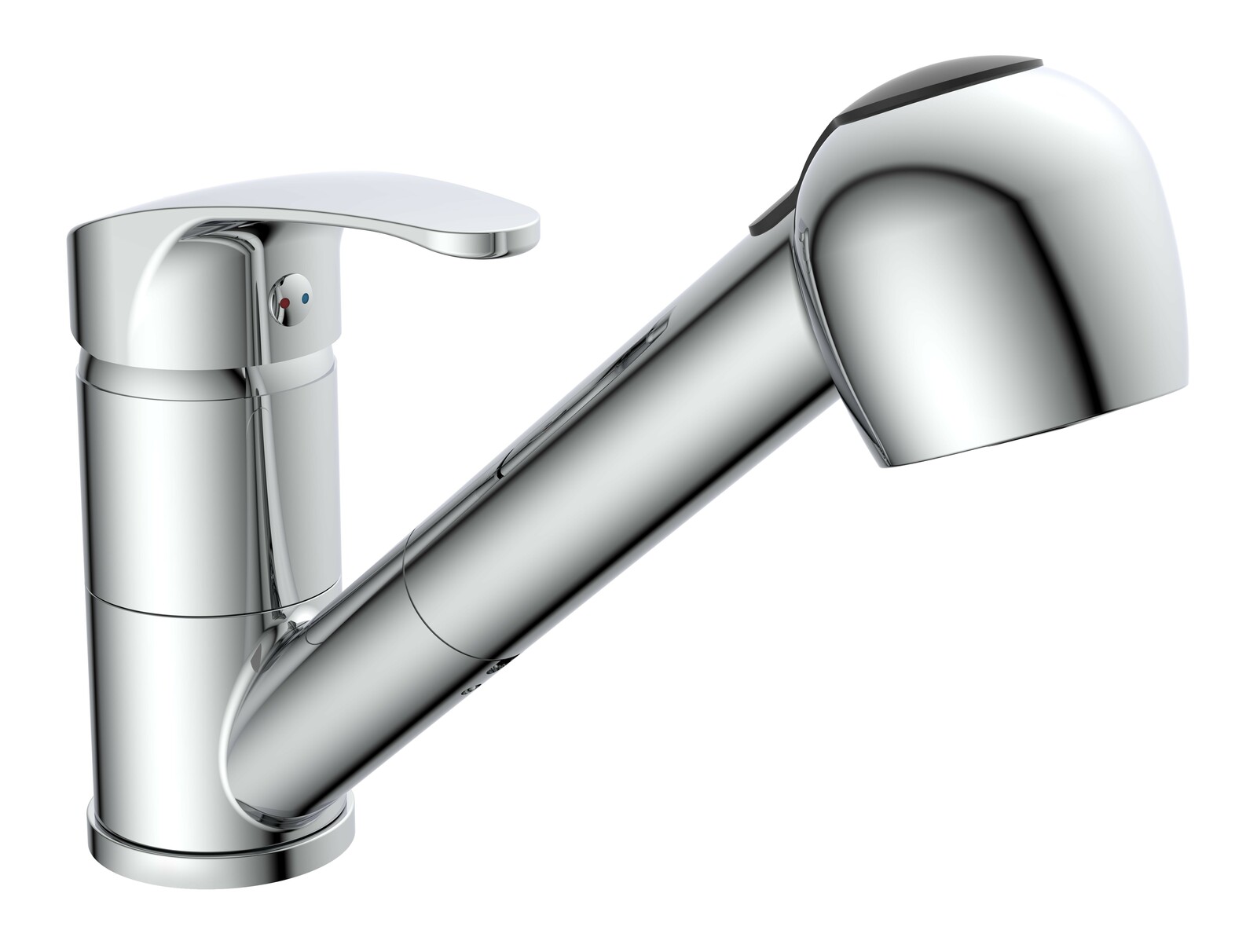 Moderne Spültischarmatur aus glänzendem Chrom, seitliche Ansicht
