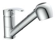 Moderne Spültischarmatur aus glänzendem Chrom, seitliche Ansicht