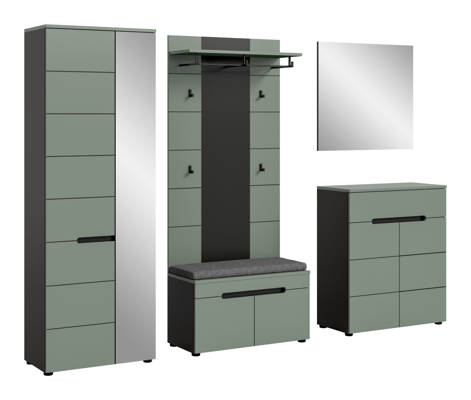 MID.YOU Garderobenkombination CANU Modernes Garderoben-Set in Salbeigrün und Anthrazit mit Hochschrank, Garderobenpaneel mit Ablage und Haken, Schuhbank mit Sitzpolster, Kommode und Wandspiegel; Ansicht schräg von vorne auf weißem Hintergrund.