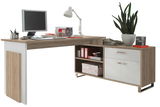 Moderner Eck-Schreibtisch mit Holz- und Weißakzenten, ausgestattet mit Monitor, Schreibtischlampe und Pflanzen, seitliche Perspektive