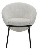 Moderner, cremefarbener Stuhl mit runder Rückenlehne und schwarzen Metallbeinen, Frontalansicht.