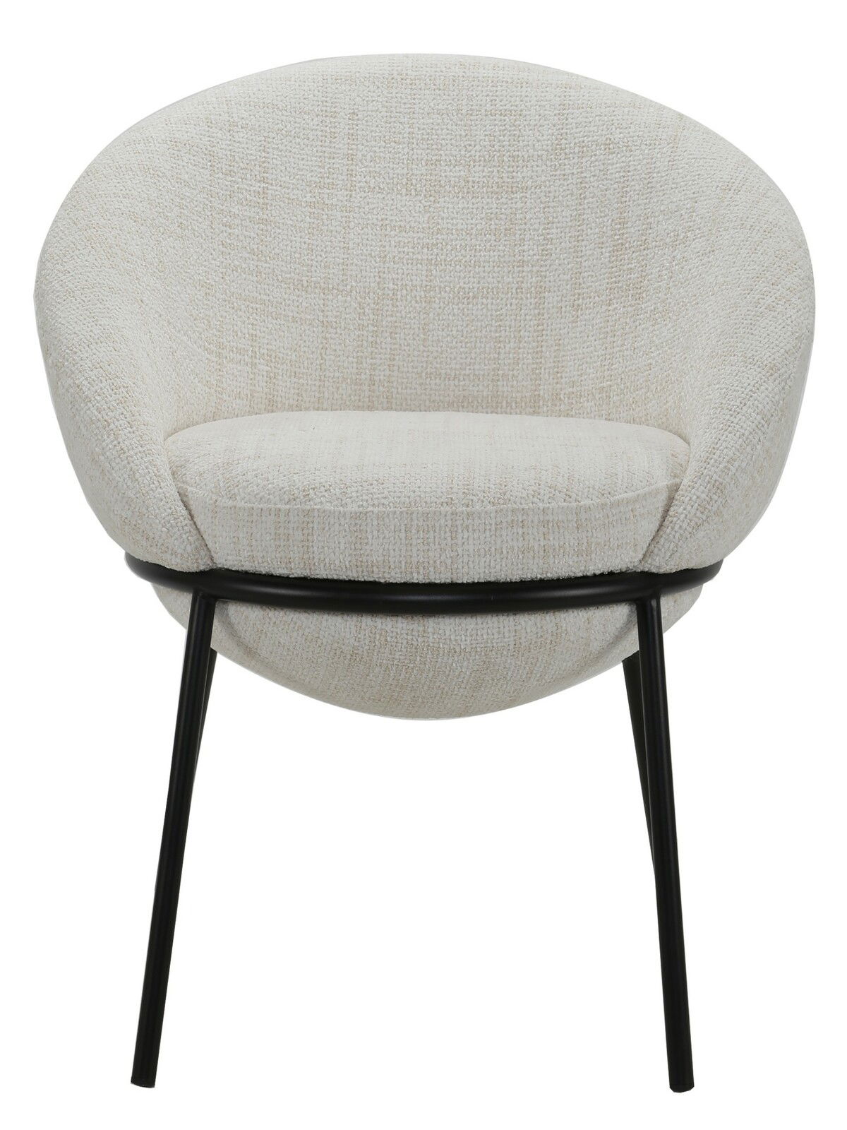 Moderner, cremefarbener Stuhl mit runder Rückenlehne und schwarzen Metallbeinen, Frontalansicht.