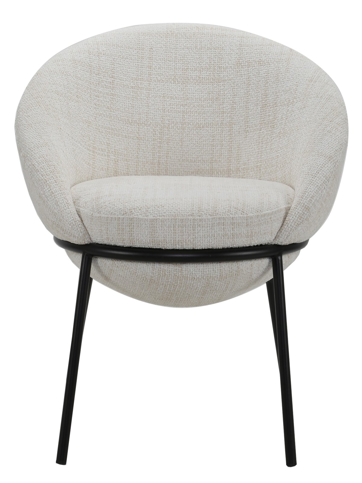 Moderner, cremefarbener Stuhl mit runder Rückenlehne und schwarzen Metallbeinen, Frontalansicht.