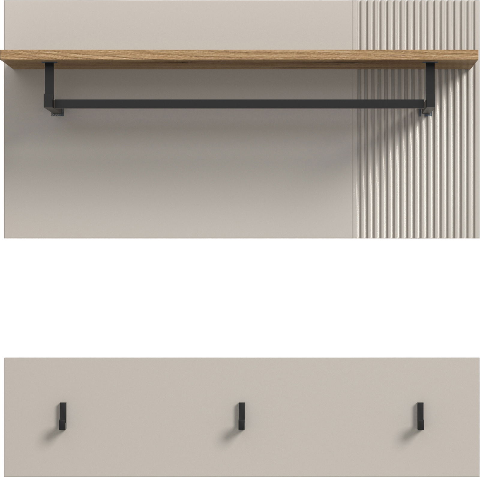 Wandregal mit Holzplatte und schwarzer Metallstange, darunter drei schwarze Haken an der Wand, frontale Ansicht