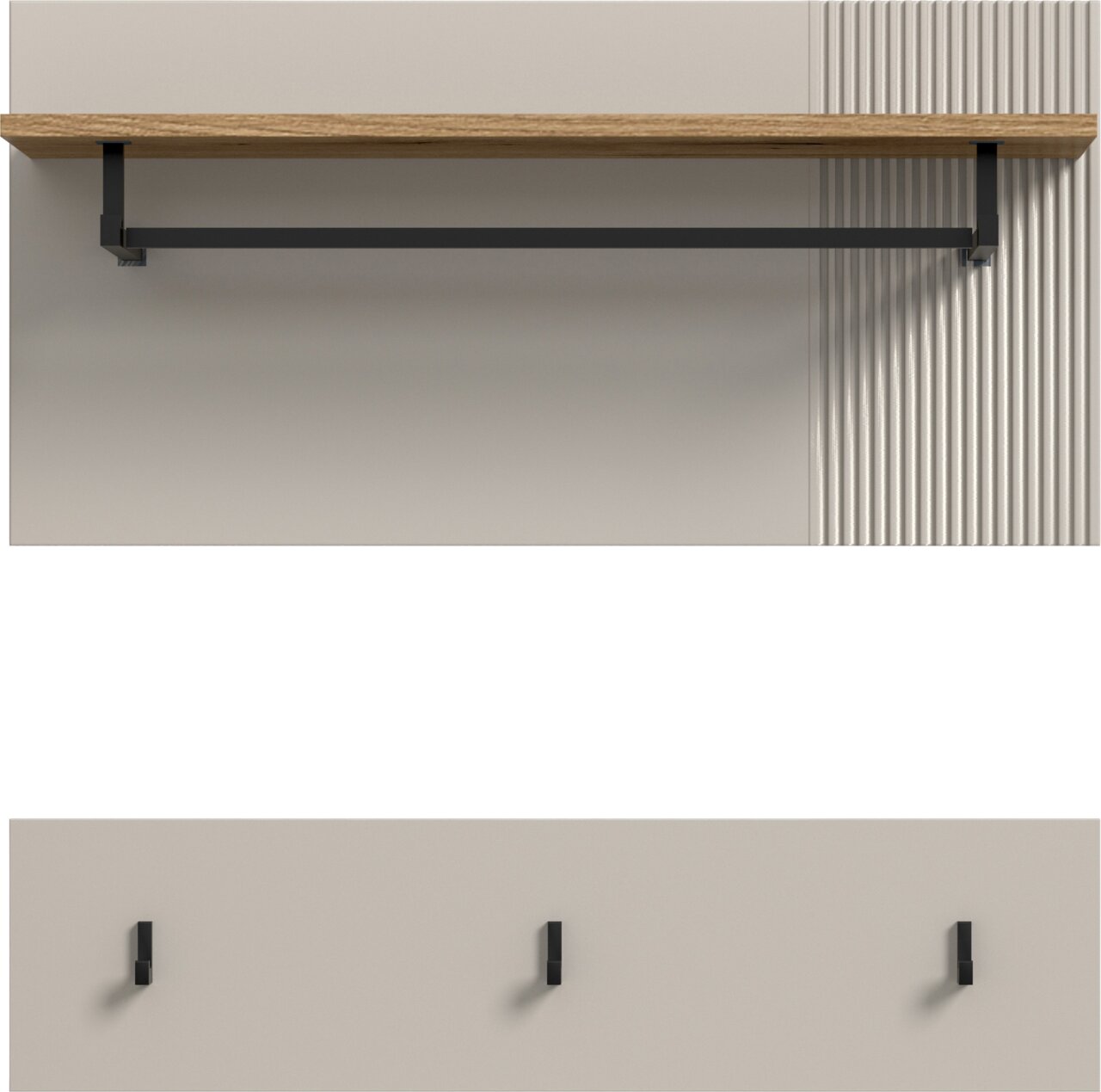 Wandregal mit Holzplatte und schwarzer Metallstange, darunter drei schwarze Haken an der Wand, frontale Ansicht