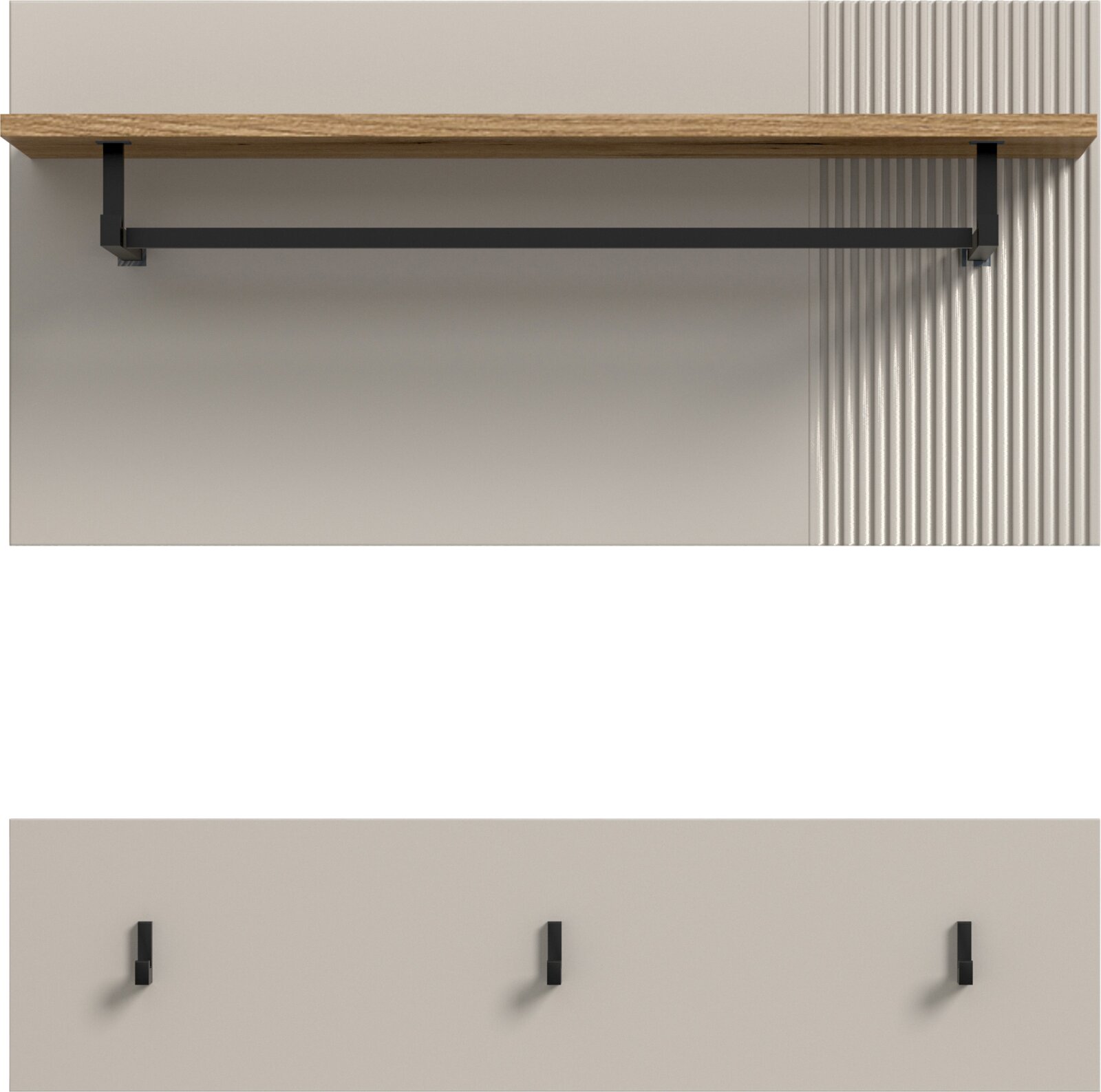Wandregal mit Holzplatte und schwarzer Metallstange, darunter drei schwarze Haken an der Wand, frontale Ansicht