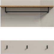 Wandregal mit Holzplatte und schwarzer Metallstange, darunter drei schwarze Haken an der Wand, frontale Ansicht