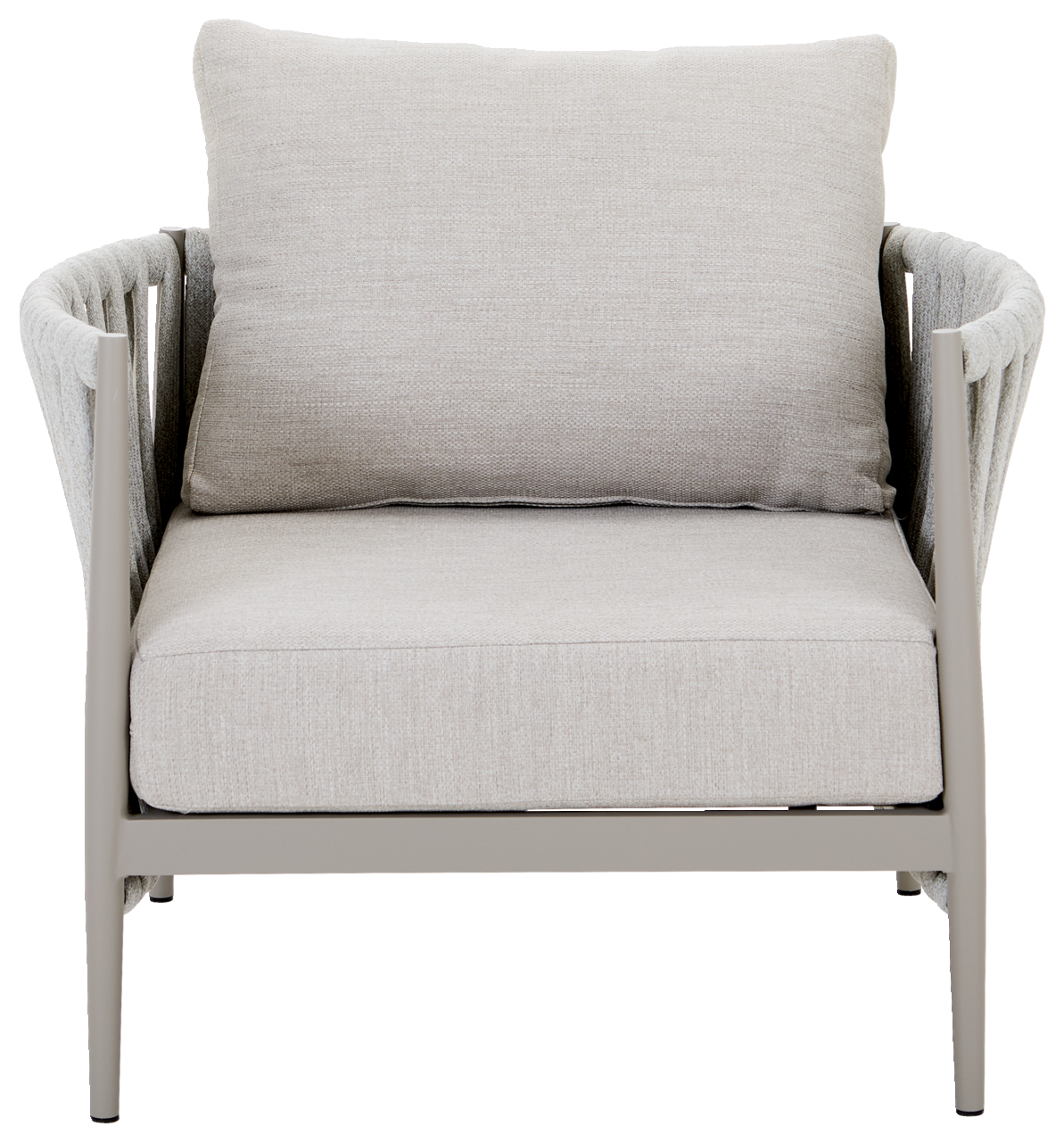 Frontansicht eines modernen Loungesessels mit hellgrauem Stoffbezug und Kissen.