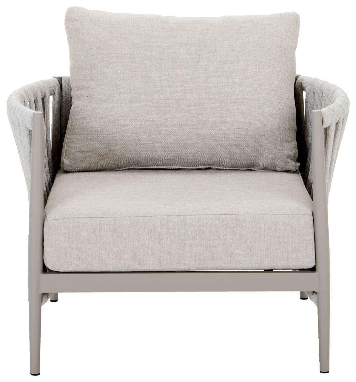 Frontansicht eines modernen Loungesessels mit hellgrauem Stoffbezug und Kissen.
