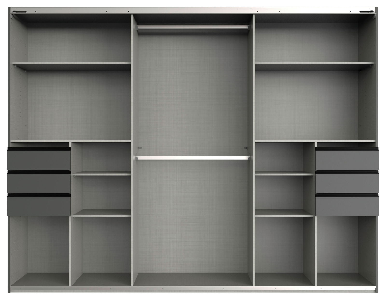 Innenansicht eines dreitürigen Schwebetürenschranks mit mehreren Regalböden, Schubladen und einer Kleiderstange, frontal betrachtet.