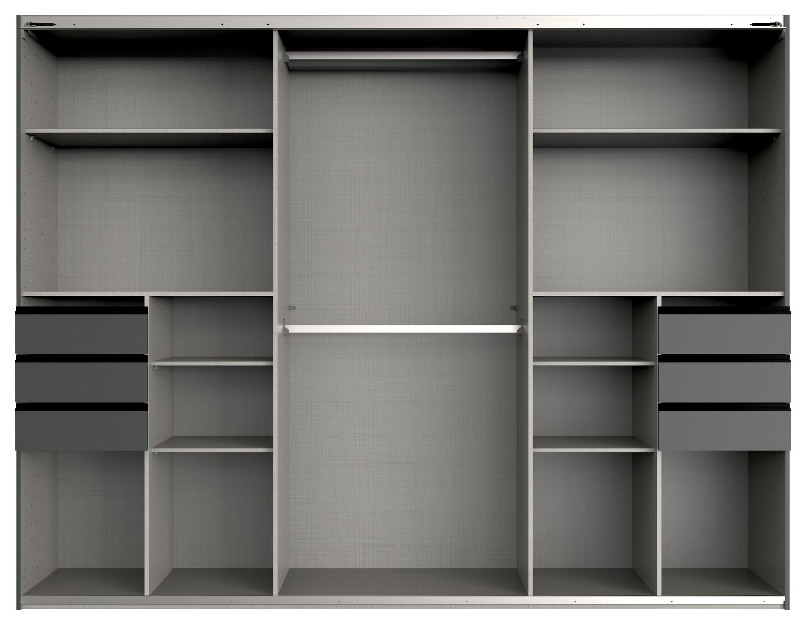Innenansicht eines dreitürigen Schwebetürenschranks mit mehreren Regalböden, Schubladen und einer Kleiderstange, frontal betrachtet.