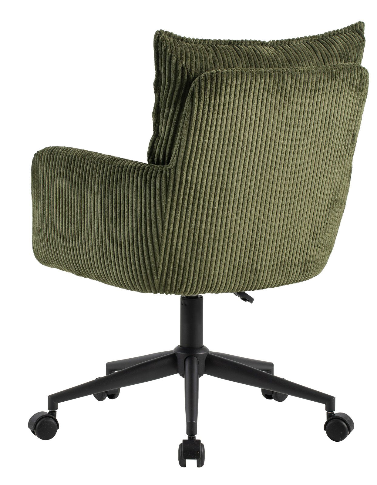 Rückansicht eines grünen Drehstuhls mit geripptem Stoffbezug und schwarzem Fußgestell auf Rollen.