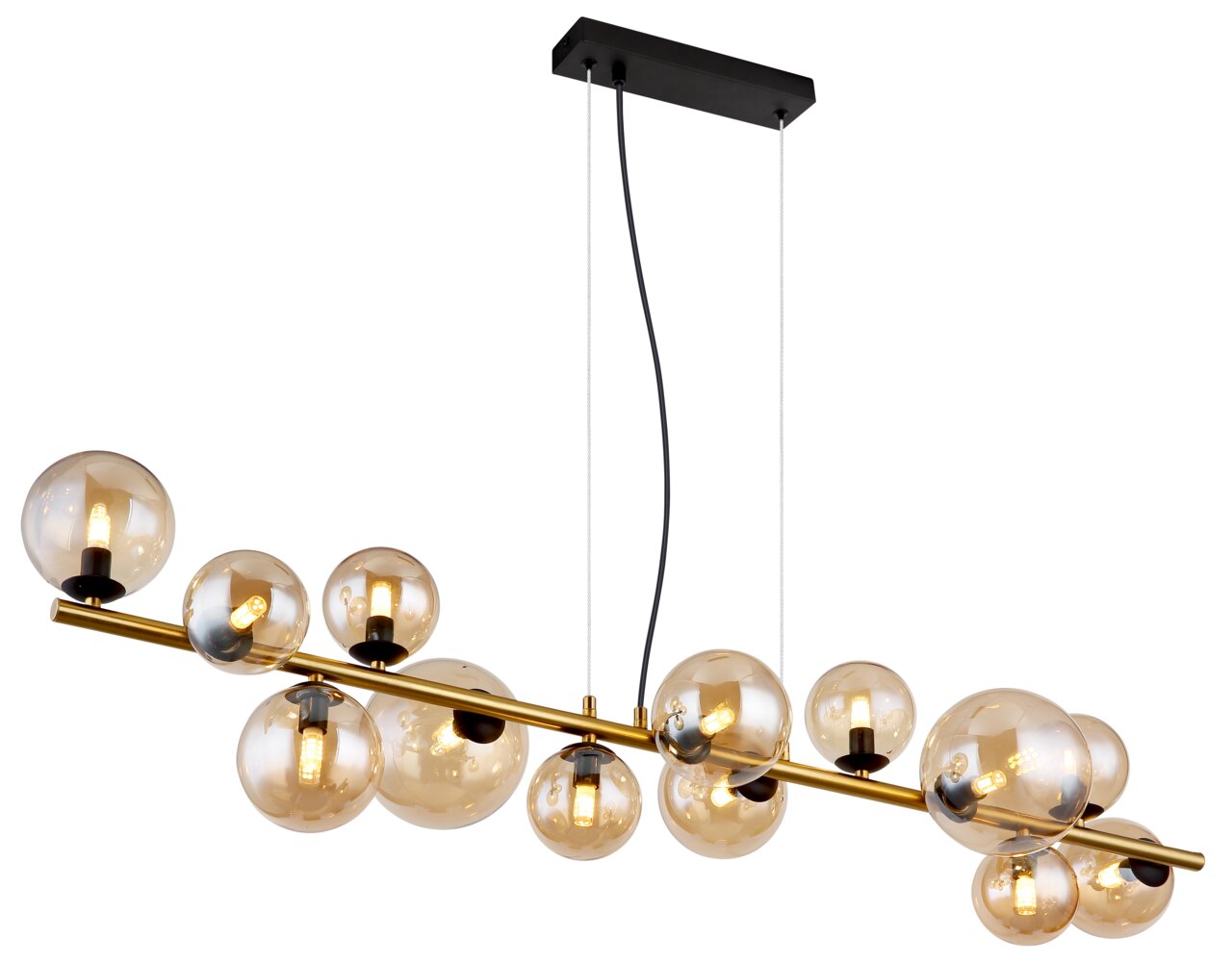 Moderne Hängeleuchte mit mehreren kugelförmigen Glühbirnen, goldene Stange, seitliche Perspektive