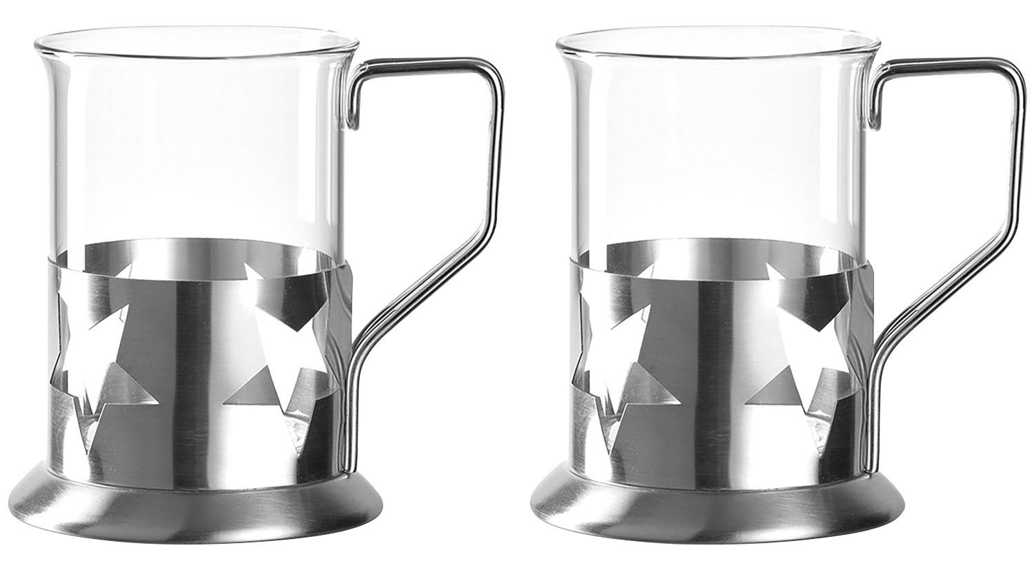Zwei Teegläser mit Sternendesign und Metallhalterung, seitliche Perspektive