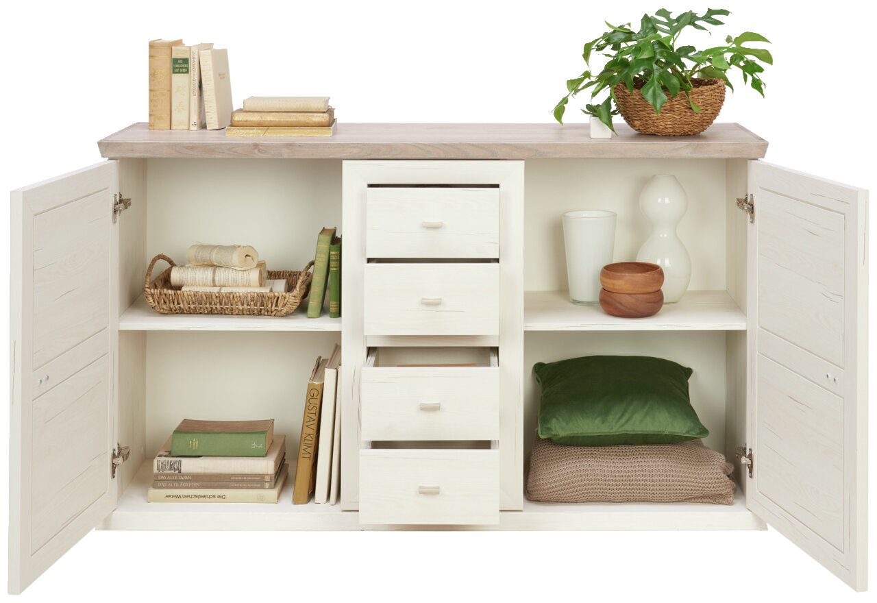 Weißes Sideboard mit offenen Türen, drei Schubladen in der Mitte, dekoriert mit Büchern, Pflanzen und Kerzen, Frontalansicht