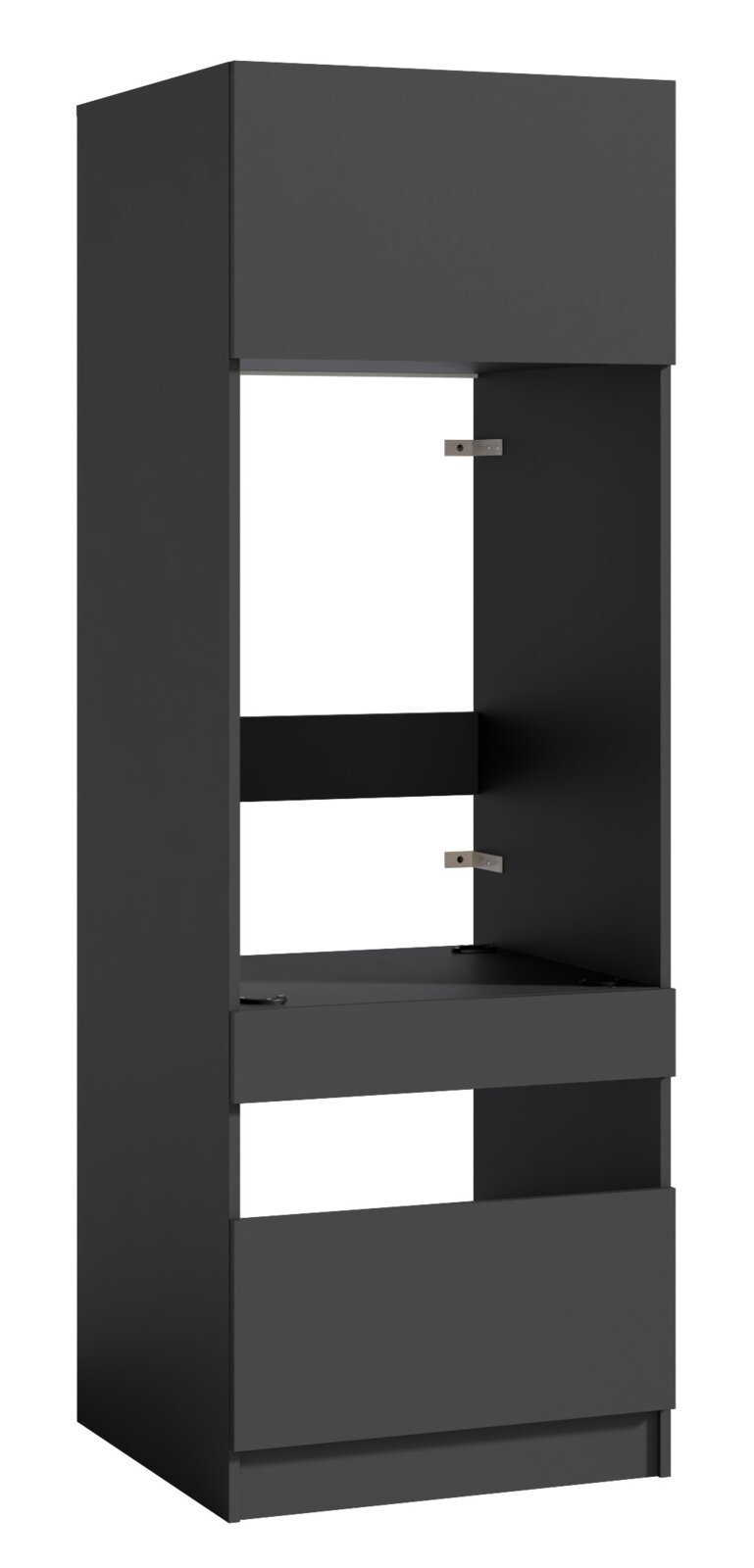 Zwarte hoge badkamerkast/hoge kast met open vak en uittrekbare laden, in een licht vooraanzicht met zicht op de binnenkant (deur open) op een witte achtergrond