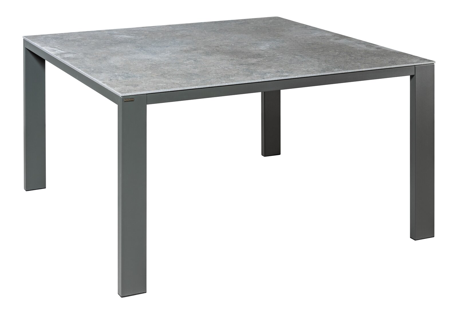 Moderner quadratischer Esstisch mit grauer Steinoptik-Tischplatte und stabilen Metallbeinen, seitliche Perspektive