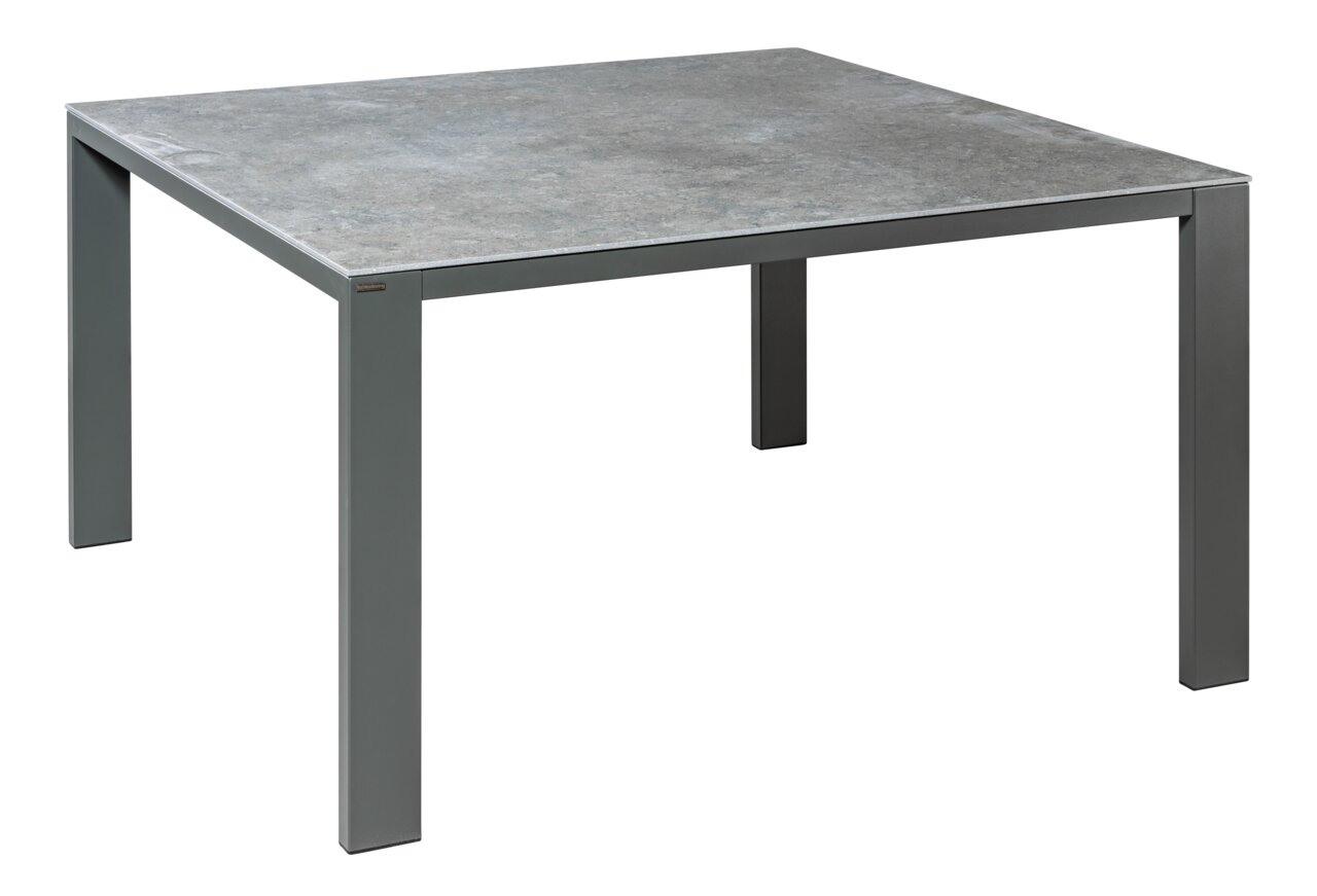 Musterring Esstisch MR NOVA Moderner quadratischer Esstisch mit grauer Steinoptik-Tischplatte und stabilen Metallbeinen, seitliche Perspektive