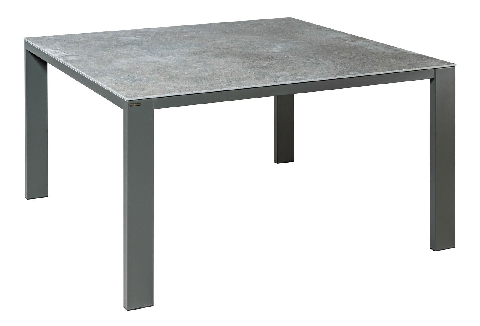 Moderner quadratischer Esstisch mit grauer Steinoptik-Tischplatte und stabilen Metallbeinen, seitliche Perspektive