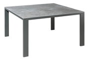 Moderner quadratischer Esstisch mit grauer Steinoptik-Tischplatte und stabilen Metallbeinen, seitliche Perspektive