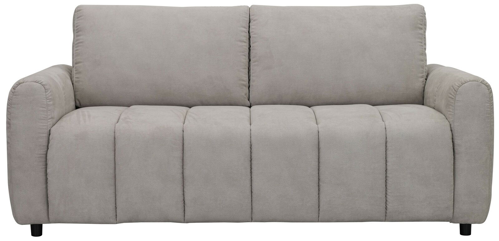 Graues Funktionssofa in Frontalansicht mit gepolsterten Armlehnen und Rückenlehne.